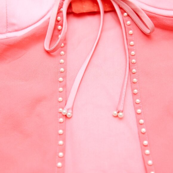 Danielle Guizio Long Sleeve Pearl Trim Top In Punch Silk Size XS - Picture 7 of 14